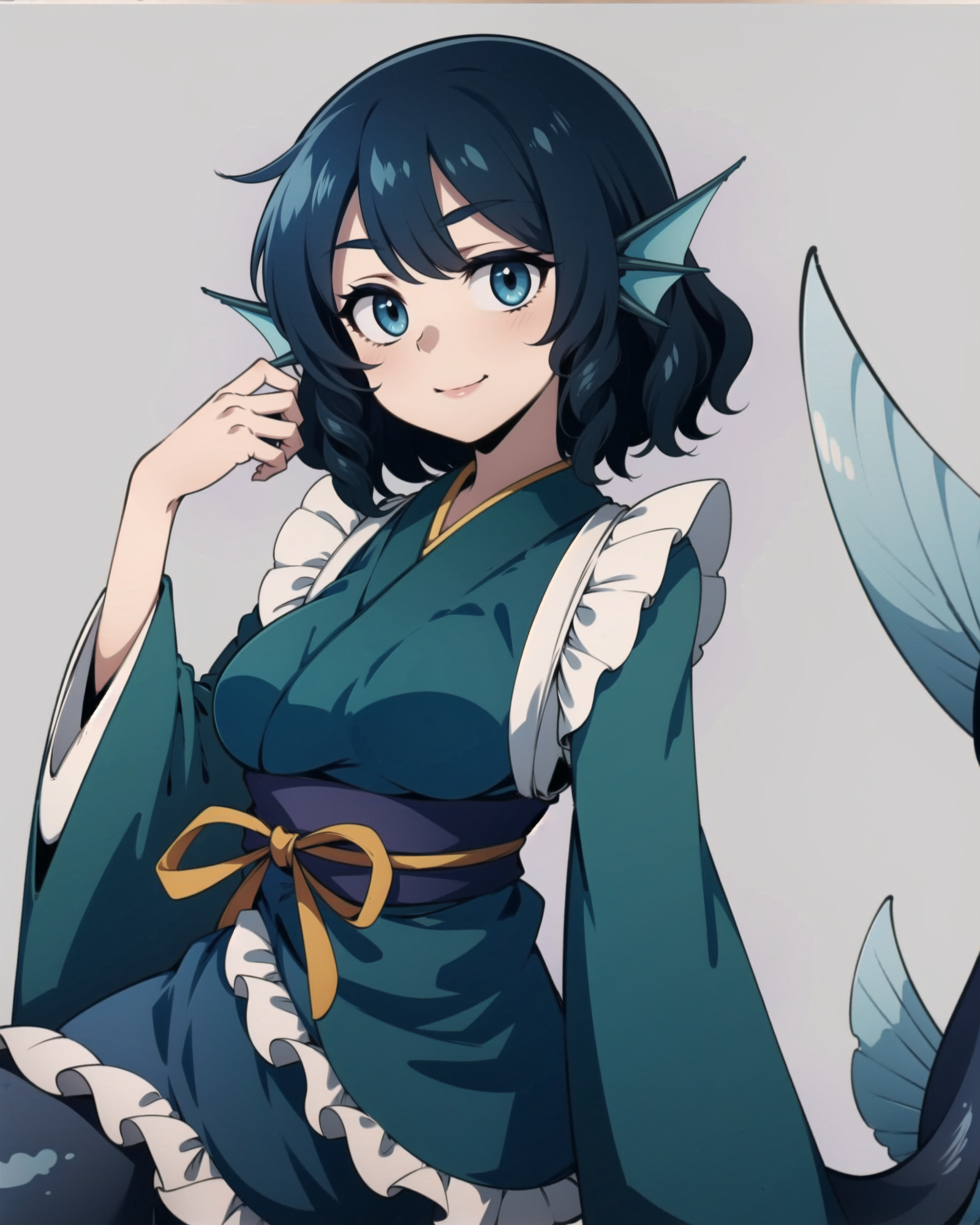 01320-2571688989-_lora_Wakasagihime_1_, wakasagihime, 1girl, mermaid, monster girl, blue hair, short hair, blue eyes, head fins, japanese clothes.png